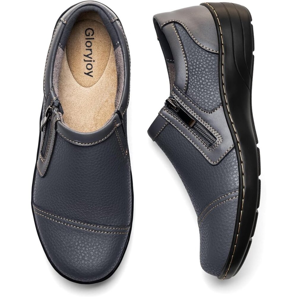 👑Women's Comfortable And Lightweight Grey Leather Loafers Casual Zipper Closure - Picture 2 of 9